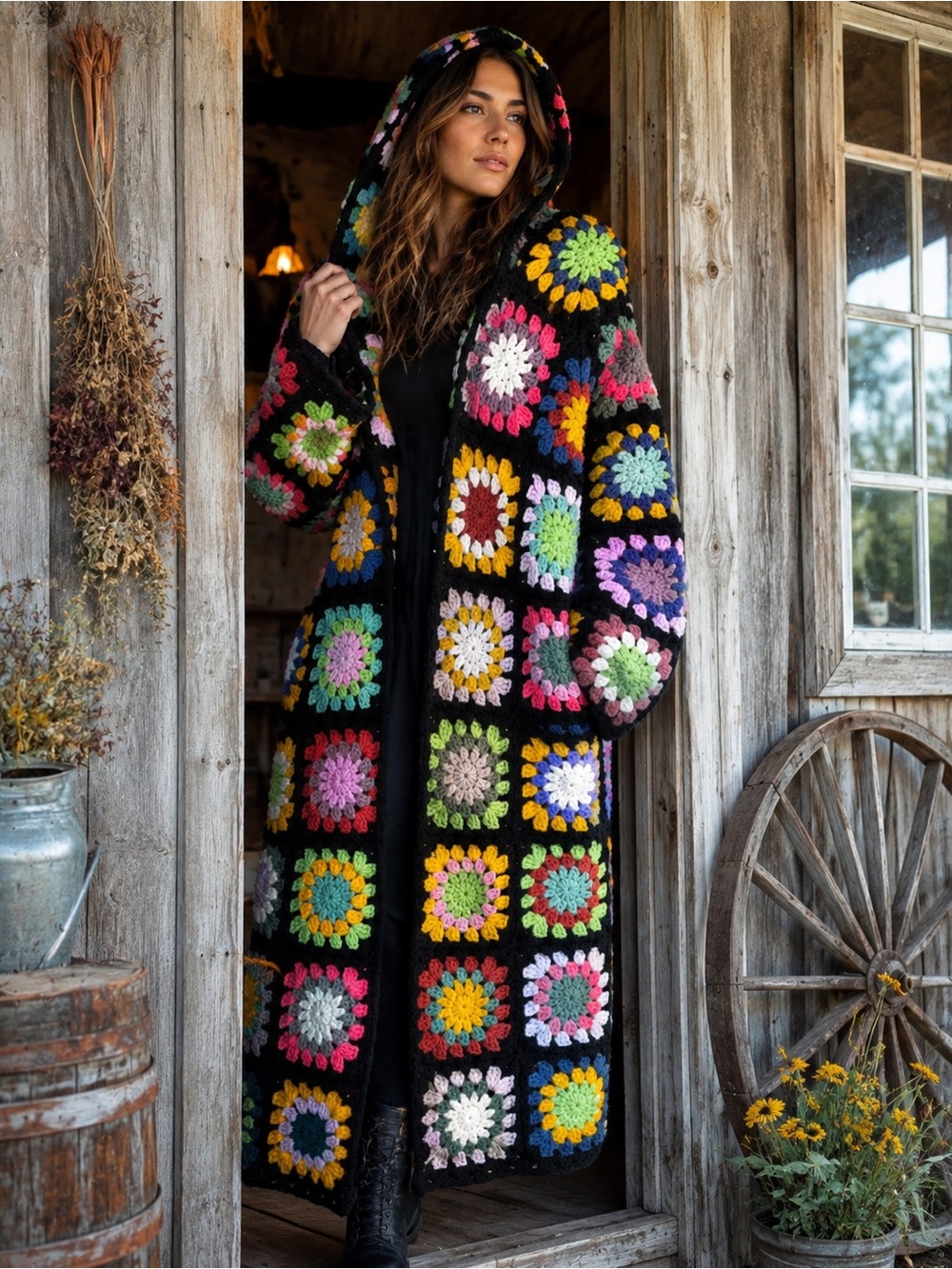 Handcrafted Boho Granny Square Long Hooded Crochet Cardigan Coat – Multicolour